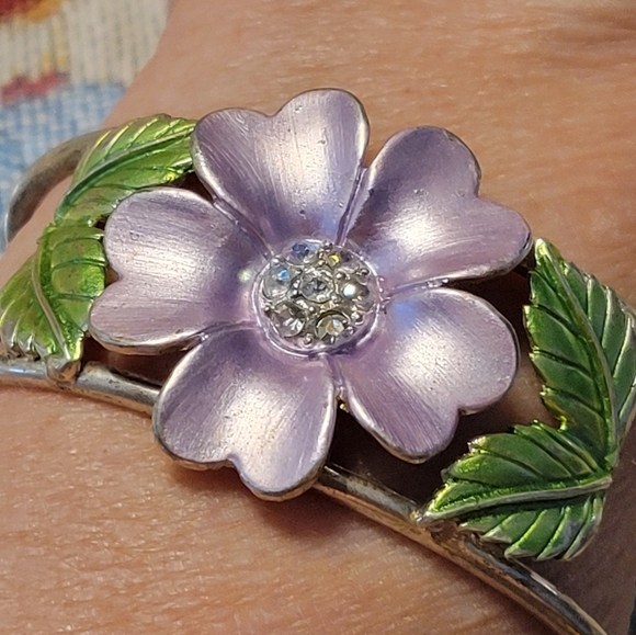 Purple Flower Bracelet with Green Leaves - Picture 1 of 5
